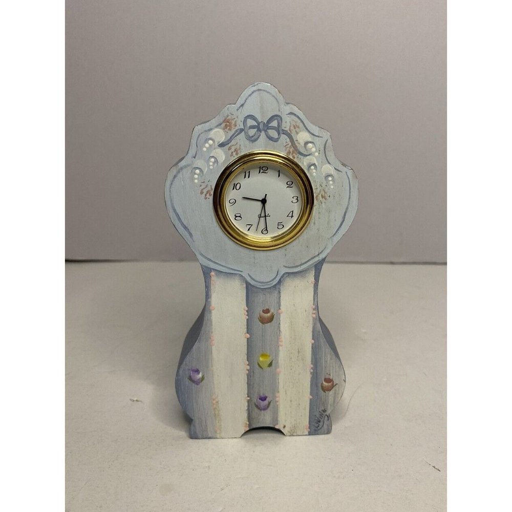 VTG Dollhouse Miniature Grandmother Clock 6” Wood Hand Painted Signed Artisan